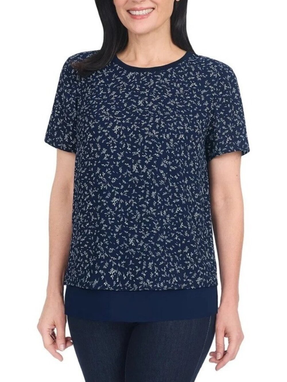 NWT Hilary Radley Women's XS Navy White Floral Chiffon Top C1031